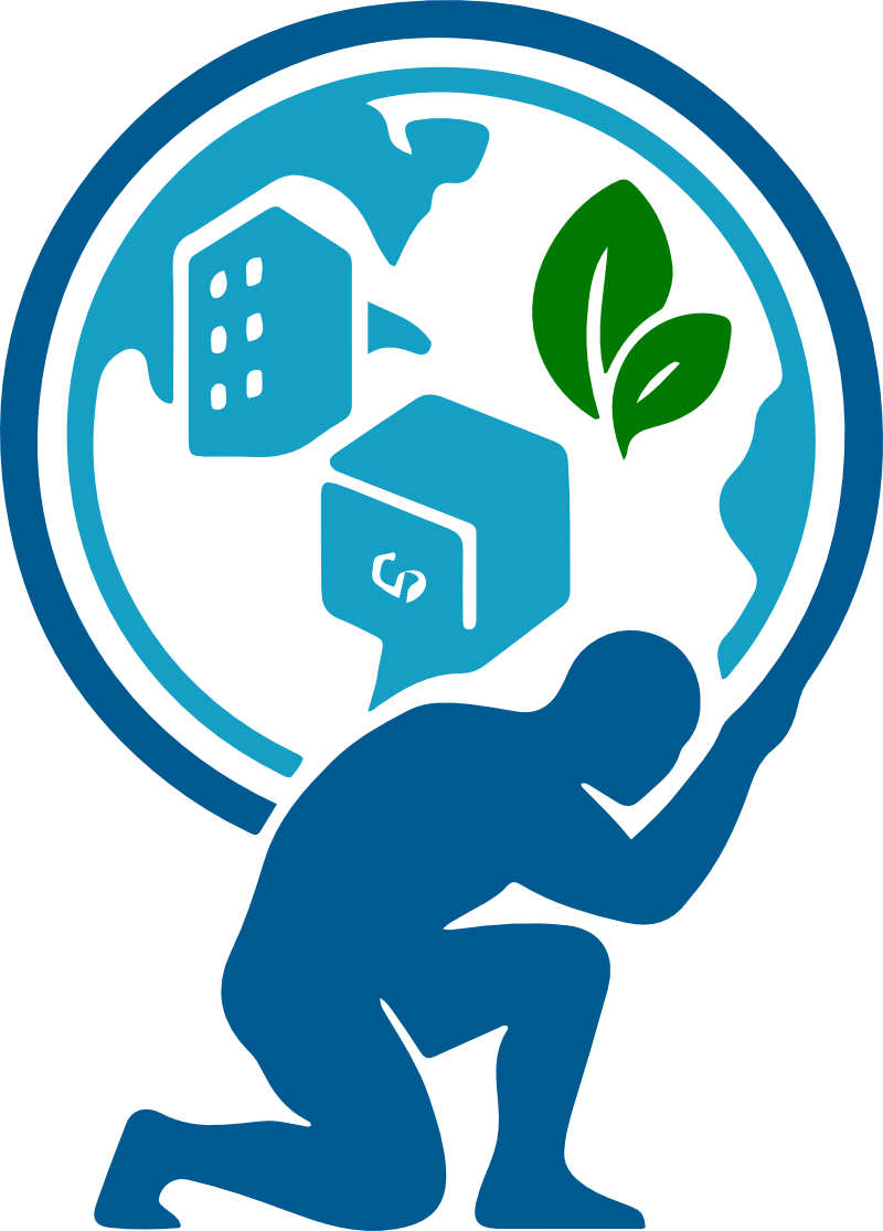 Icon of Atlas carrying the Earth with icons of a building, a server, and green leaves inside the globe