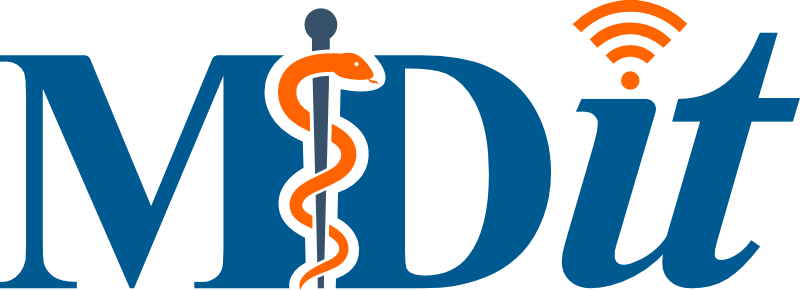 MD IT company logo featuring a Rod of Asclepius and a Wi-Fi symbol, symbolising the integration of medicine and technology.