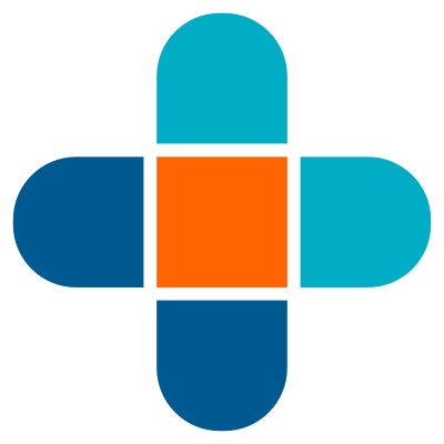 Cross symbol composed of blue, cyan, and orange segments with rounded edges